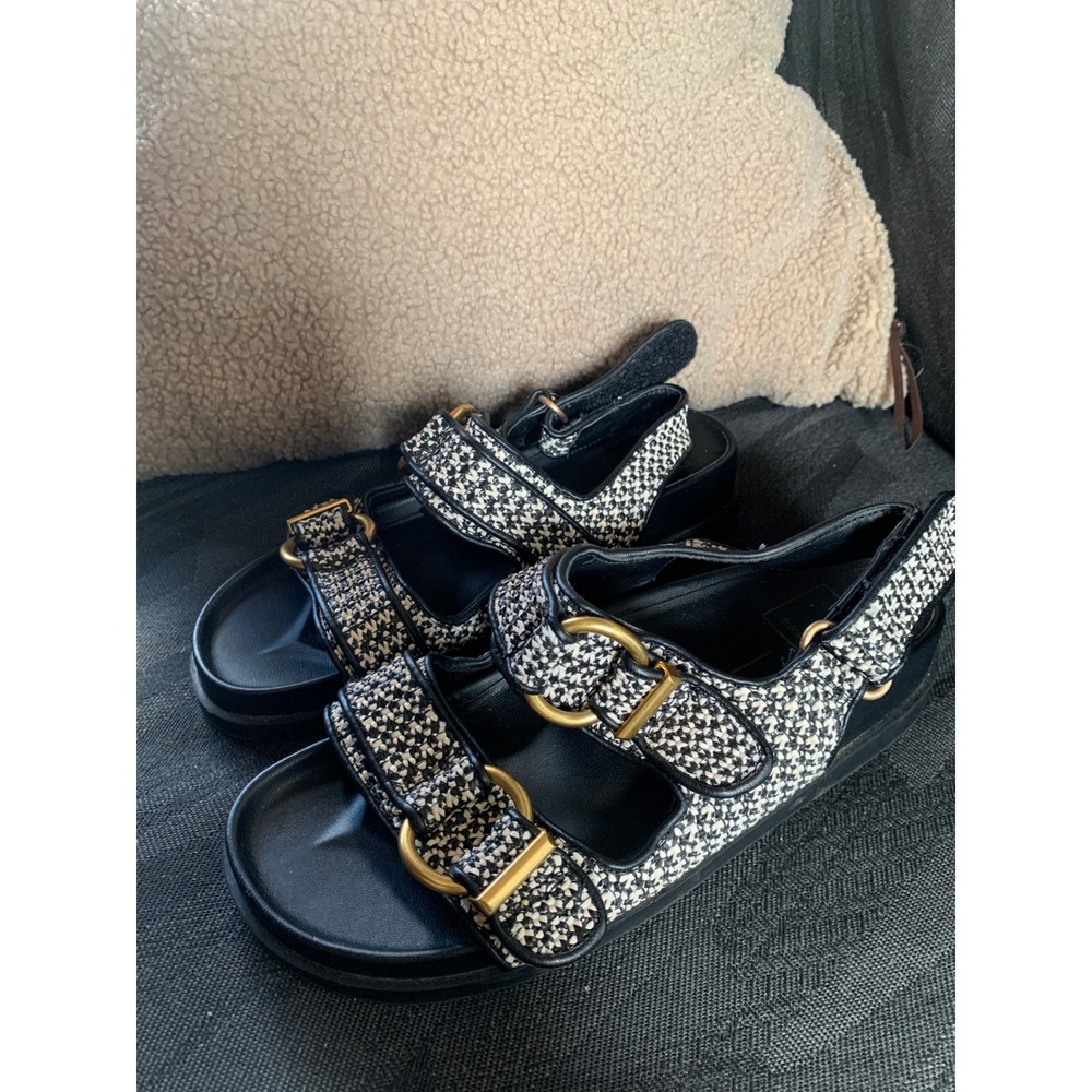 Dolce Vita Shelli Raffia Sandals Black White Woven Buckle Platform Slingback 7M